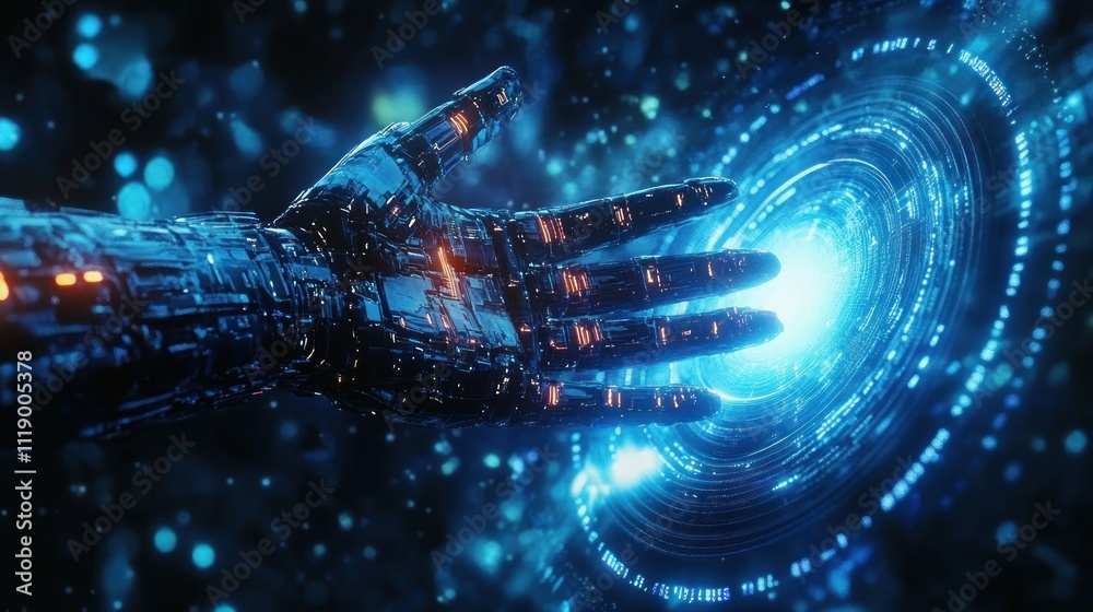 Poster robot hand reaching portal glowing blue futuristic technology cyberpunk connection big data AI machine learning