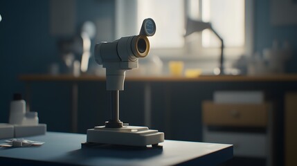 Advanced eye examination equipment setup in modern clinic. Precision tools for comprehensive vision assessment and diagnostics.