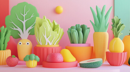 Colorful arrangement of playful fruit and vegetable replicas on a vibrant background