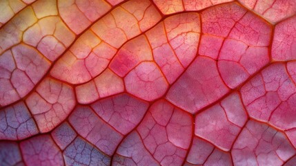 Obraz premium Here's a possible and keyword list for your image.. Close-up of vibrant red and pink leaf veins, showing intricate cellular structure.