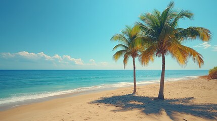 Fototapeta premium Palm trees sway gently on a sandy beach, overlooking the vast expanse of the ocean