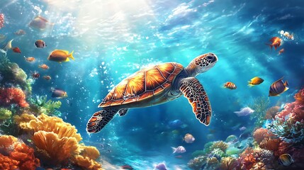 Fototapeta premium Sea turtle gracefully swims in vibrant coral reef, sunlight streams through water, colorful fish surround.