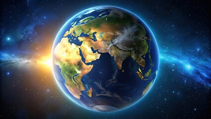 Obraz premium Realistic planet earth showing different continents illuminated by day and night lights, earth, planet, continents, day