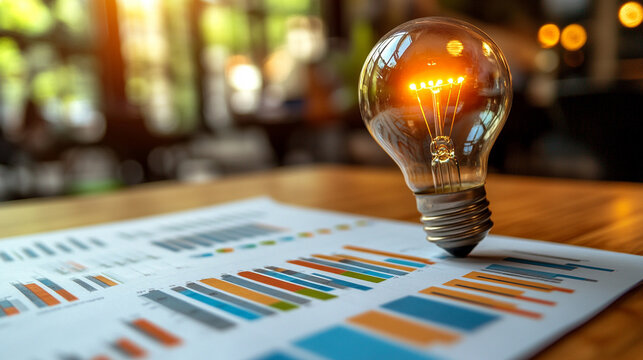 A glowing light bulb symbolizes creativity and innovation, floating above a blurred business background. The image conveys ideas, inspiration, and problem-solving in a professional context