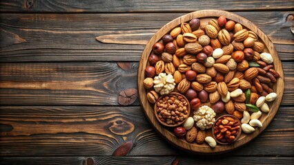 Naklejka premium Assorted nuts on wooden plate with background , nuts, assorted, almonds, walnuts, cashews, pistachios, snack, healthy, organic, gourmet