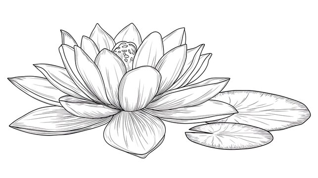 Elegant Line Drawing Of A Water Lily And Pads