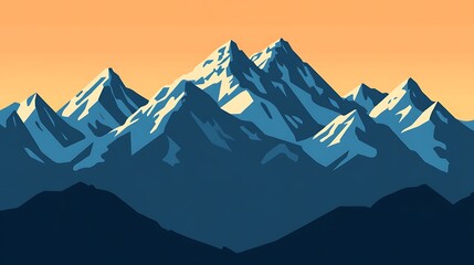 Silhouette of Mountain Range with Snowy Peaks at Sunset
