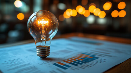 A glowing light bulb symbolizes creativity and innovation, floating above a blurred business background. The image conveys ideas, inspiration, and problem-solving in a professional context