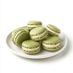 A plate of matcha macarons with smooth filling, isolated on white background, symbolizing sophistication and indulgence, ideal for dessert branding