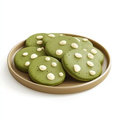 A plate of matcha-flavored cookies with white chocolate chips, isolated on white background, representing sweetness and creativity, perfect for bakery promotions