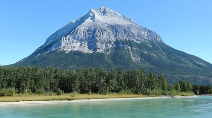 Snow-capped Mountain Peak Rising Above a River and Forest