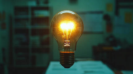 A glowing light bulb symbolizes creativity and innovation, floating above a blurred business background. The image conveys ideas, inspiration, and problem-solving in a professional context