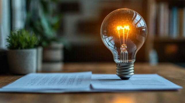 A glowing light bulb symbolizes creativity and innovation, floating above a blurred business background. The image conveys ideas, inspiration, and problem-solving in a professional context