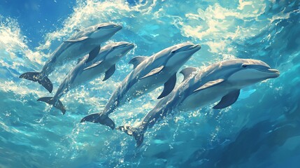 Fototapeta premium Four dolphins swimming together in ocean waves.