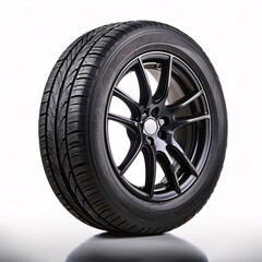 Obraz premium New car tire and wheel combination standing upright against a white background