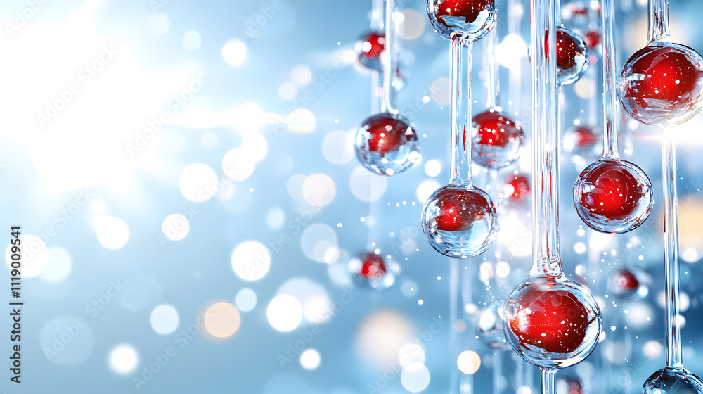 Poster a vibrant, abstract image featuring suspended droplets with red elements against a shimmering blue b