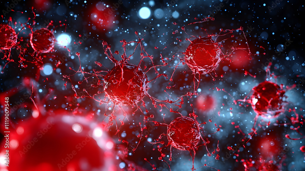 Poster a vibrant depiction of red cells amidst a dark, cosmic background, illustrating a microscopic world 