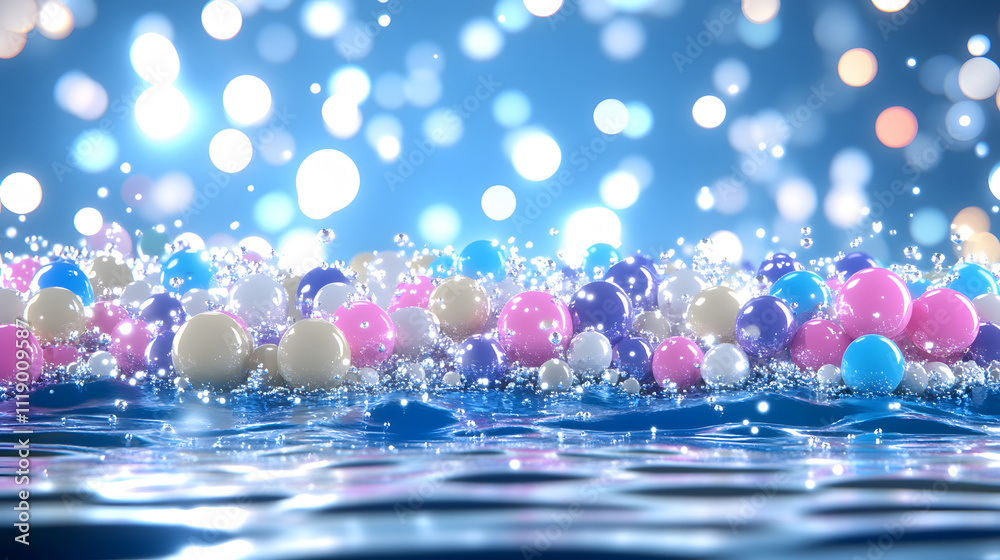 Poster a vibrant scene featuring colorful spheres floating on water, surrounded by shimmering lights and a 