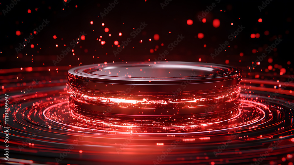 Aufkleber A glowing circular platform surrounded by vibrant red particles against a dark background, creating a futuristic and dynamic atmosphere