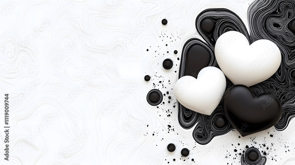 Poster The image features black and white heart-shaped objects arranged against an abstract background with swirling patterns