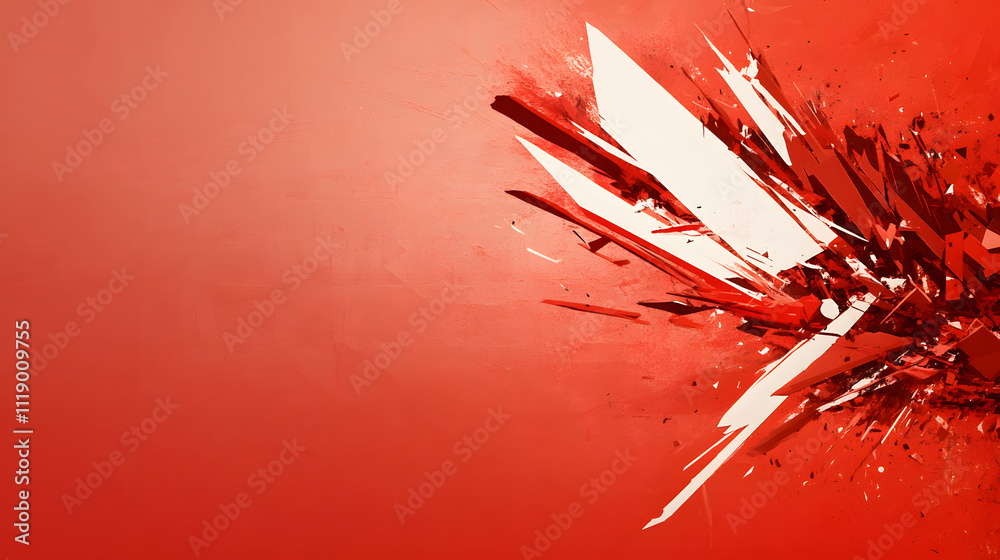 Poster A vibrant abstract design featuring sharp white elements against a bold red background, creating a dynamic and energetic visual impact