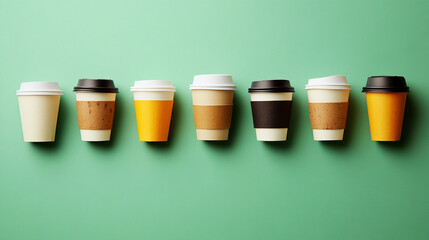 collection of takeaway coffee or black tea cups arranged in rows, symbolizing energy, routine, and connectivity. Perfect for themes of productivity, workplace culture, or modern lifestylee