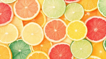 Obraz premium A refreshing pattern of citrus fruit slices like lemons, limes, and oranges, in bright, vibrant colors.
