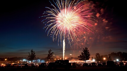 Red, white, and blue fireworks illuminate the night sky, creating a dazzling spectacle of color