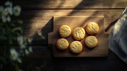Freshly baked cookies arranged on a wooden board with soft natural lighting