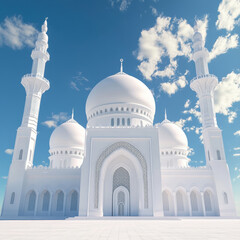 Fototapeta premium Majestic White Mosque with Towering Minarets Under Bright Blue Sky Featuring Fluffy Clouds and Expansive Courtyard in Vibrant Sunshine