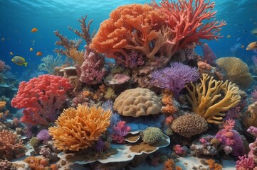 Vibrant coral reef teeming with diverse coral species and tropical fish in a clear ocean.