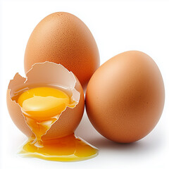 Crack Broken eggs with the yolk intact and the shell cracked open on a white background
