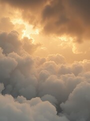 Thick layered clouds with golden light shining through the gaps, moody, powerful, turbulent