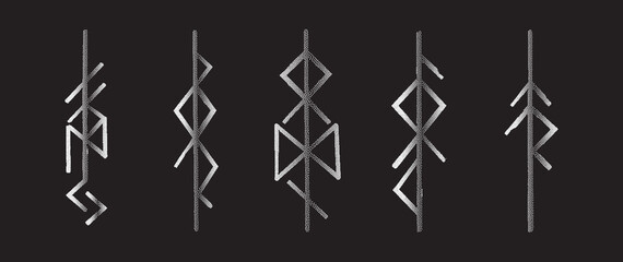 A set of 5 mystery bindrunes Norse deities, drawn in a minimalist dotwork style. The runes are Freya, Odin, Thor, Loki, and Tyr. Monochrome collection of ancient divine symbols rendered in stipple tec