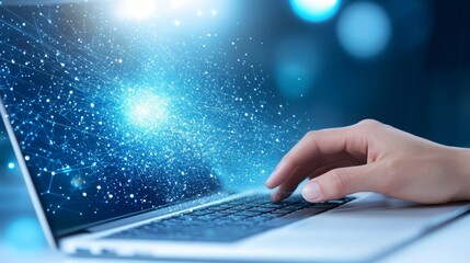 Hand Typing on Laptop with Glowing Digital Connections Visuals