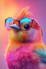 Naklejka premium Colorful bird wearing stylish sunglasses against a vibrant, dreamy background. Unique character and playful vibe enhances fun and creativity.
