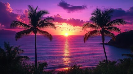 Silhouetted palm trees against a purple and pink evening sky, the tall figures beautifully framed by the soft sunset