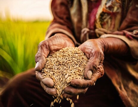Close-up of a farmer's weathered hands holding freshly harvested rice grains in a green field, symbolizing tradition and sustainability.