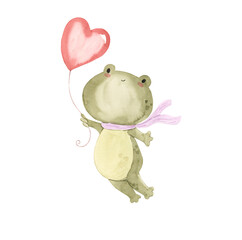 Watercolor frog with balloon illustration for kids