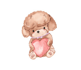 Watercolor poodle dog with heart illustration for kids