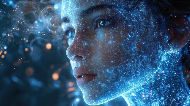 Futuristic AI Holographic Humanoid Head Digital Wireframe Portrait