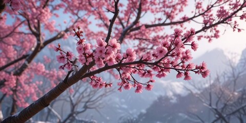Vibrant pink cherry blossoms bloom in clusters on bare branches of a winter-bare tree, , scenery