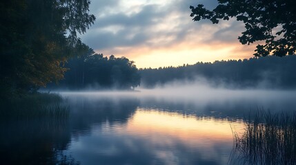 Fototapeta premium Misty Sunrise over a Tranquil Lake