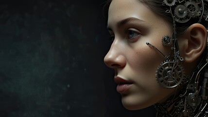 A futuristic woman features mechanical parts integrated into her profile highlighting intricate gears and components against a dark background