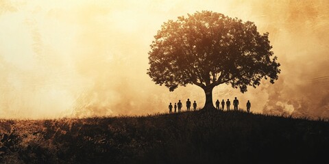 Mystical family tree glowing with ancestral memories and celestial light.