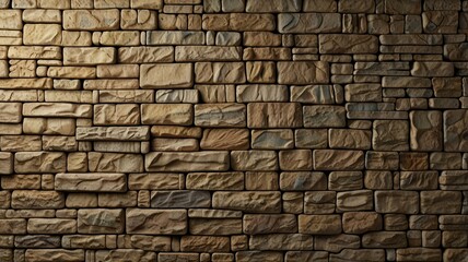 Fototapeta premium A rustic stone wall displays a variety of textures and colors illuminated by gentle lighting creating a warm and inviting atmosphere in a space