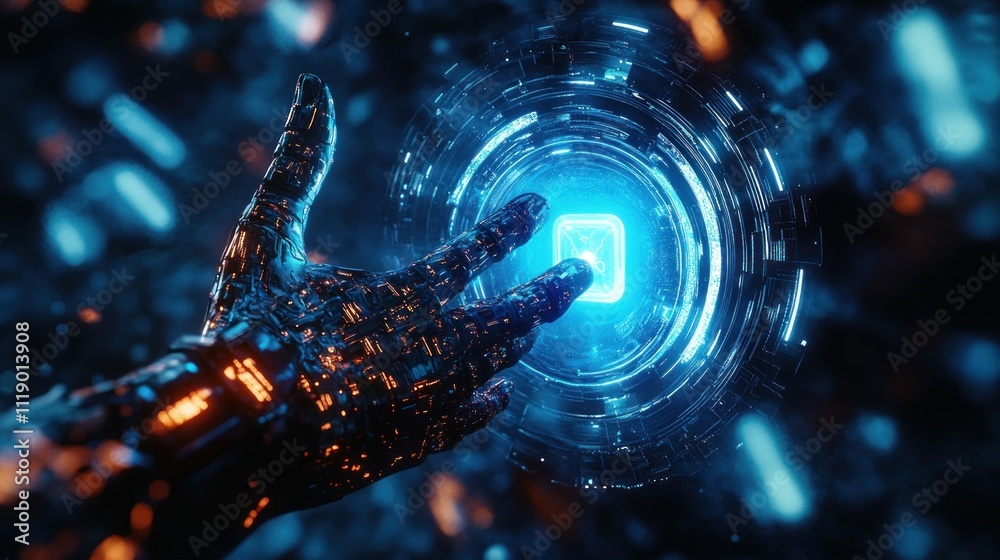 Poster robotic hand touching glowing blue portal interface cyberpunk future technology