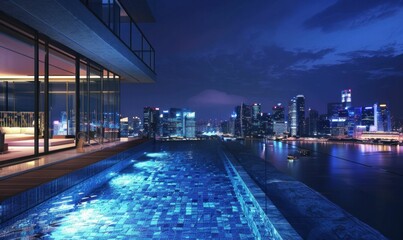 Fototapeta premium city skyline, luxurious swimming pool, nighttime scenery, modern architecture, urban lifestyle, peaceful retreat, shimmering water, stunning view, twilight ambiance, tranquil setting, creative design