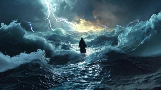 During a dramatic storm on the sea, Jesus calmly walks on the water, as lightning flashes and waves crash around him, a beacon of faith and courage. VDO 4k ProRes