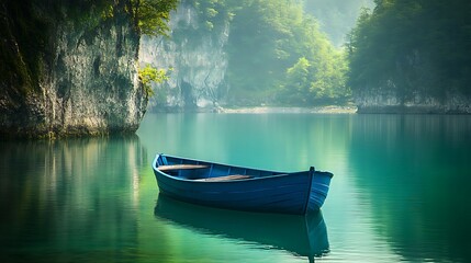 Serene blue boat on a tranquil, misty lake nestled between lush green cliffs.